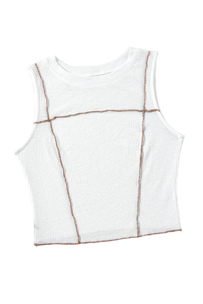 White Contrast Seams Ribbed Tank Top - L & M Kee, LLC