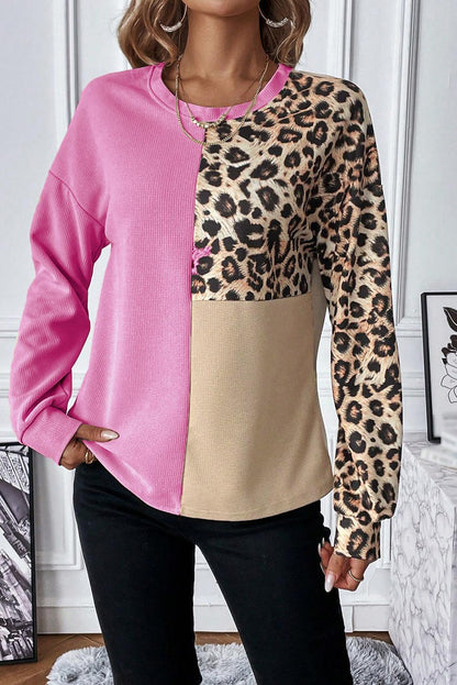 Bonbon Leopard Colorblock Waffle Knit Top - L & M Kee, LLC