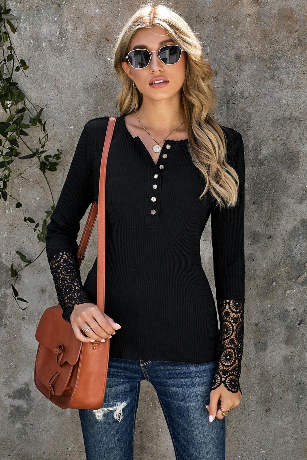 Black Crochet Lace Hem Sleeve Button Top - L & M Kee, LLC