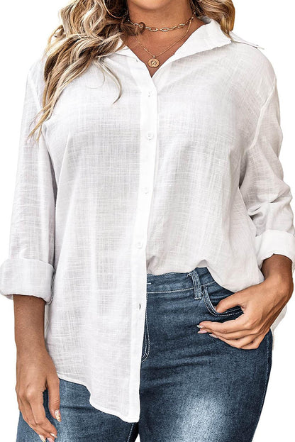 White Plus Size Linen Textured Button Up Shirt - L & M Kee, LLC