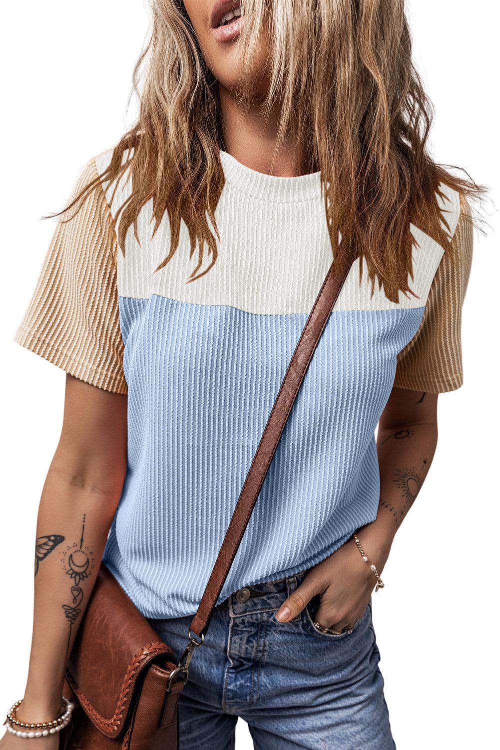 Light Blue Rib Textured Colorblock T Shirt - L & M Kee, LLC