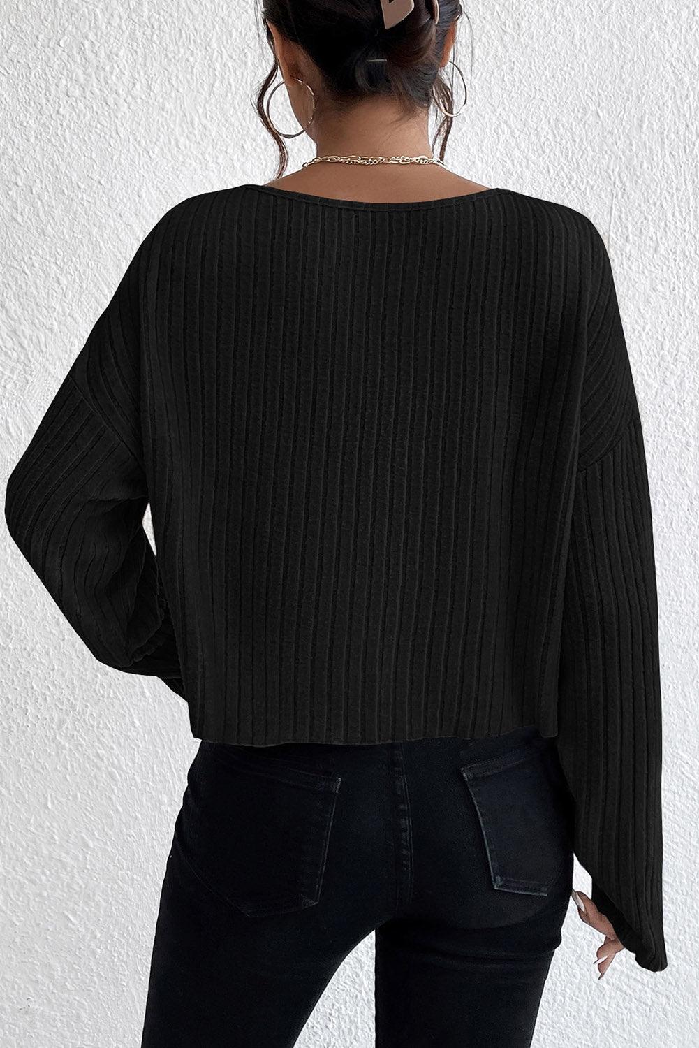 Black Lettuce Cuffs Drop Shoulder Loose Ribbed Knit Top - L & M Kee, LLC