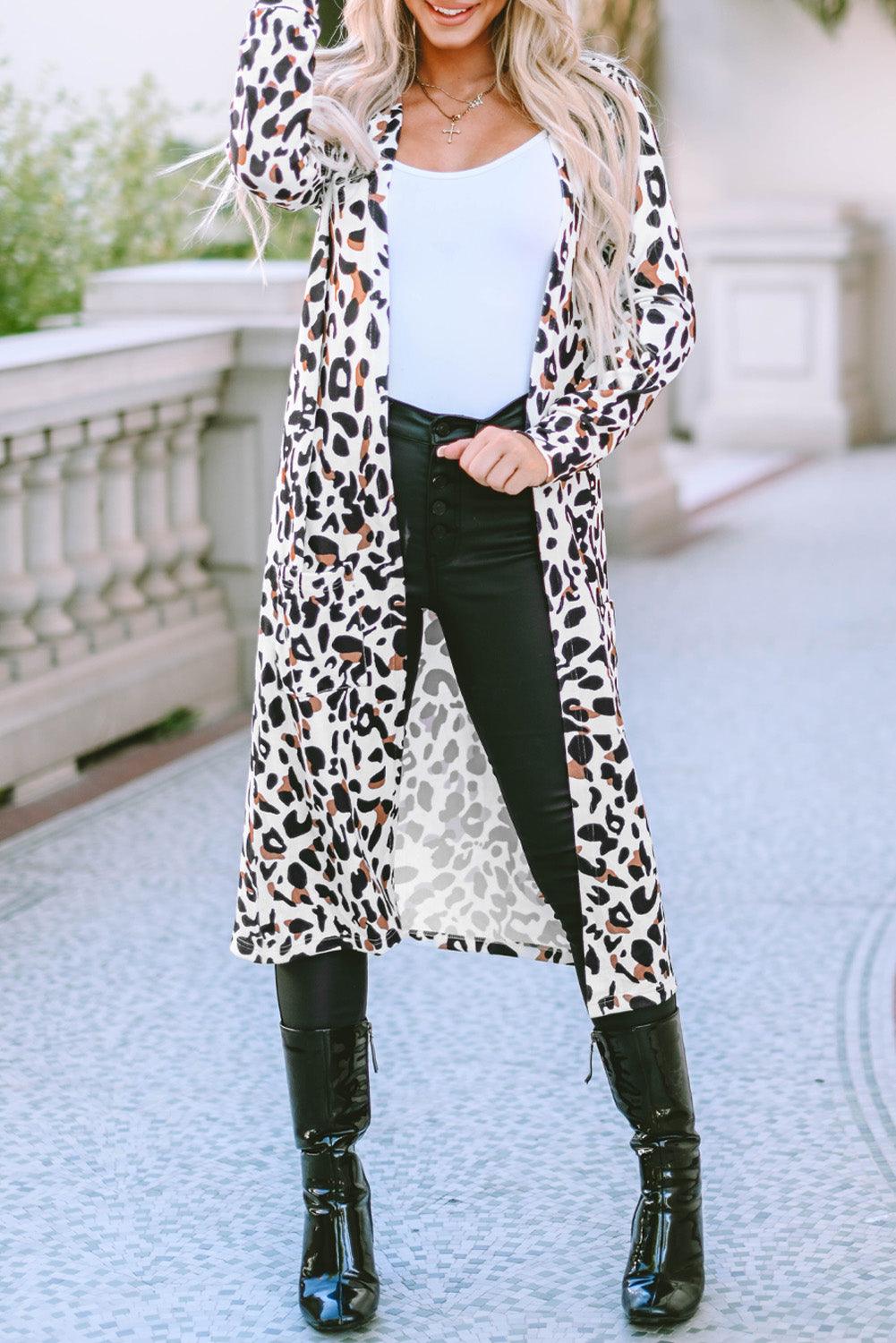 Leopard Pocketed Open Front Duster Cardigan - L & M Kee, LLC