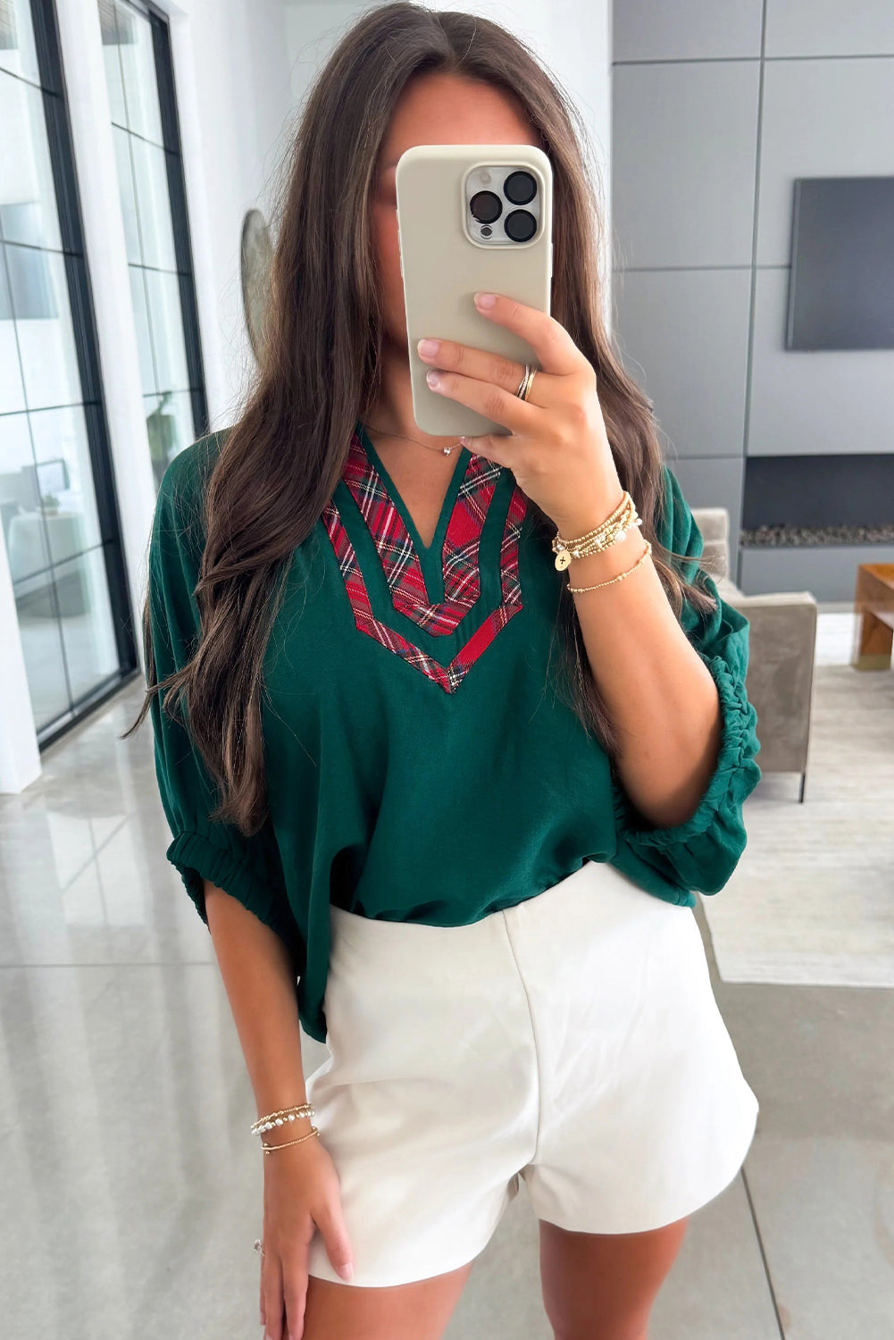 Evergreen Contrast Plaid Patchwork V Neck Half Sleeve Blouse
