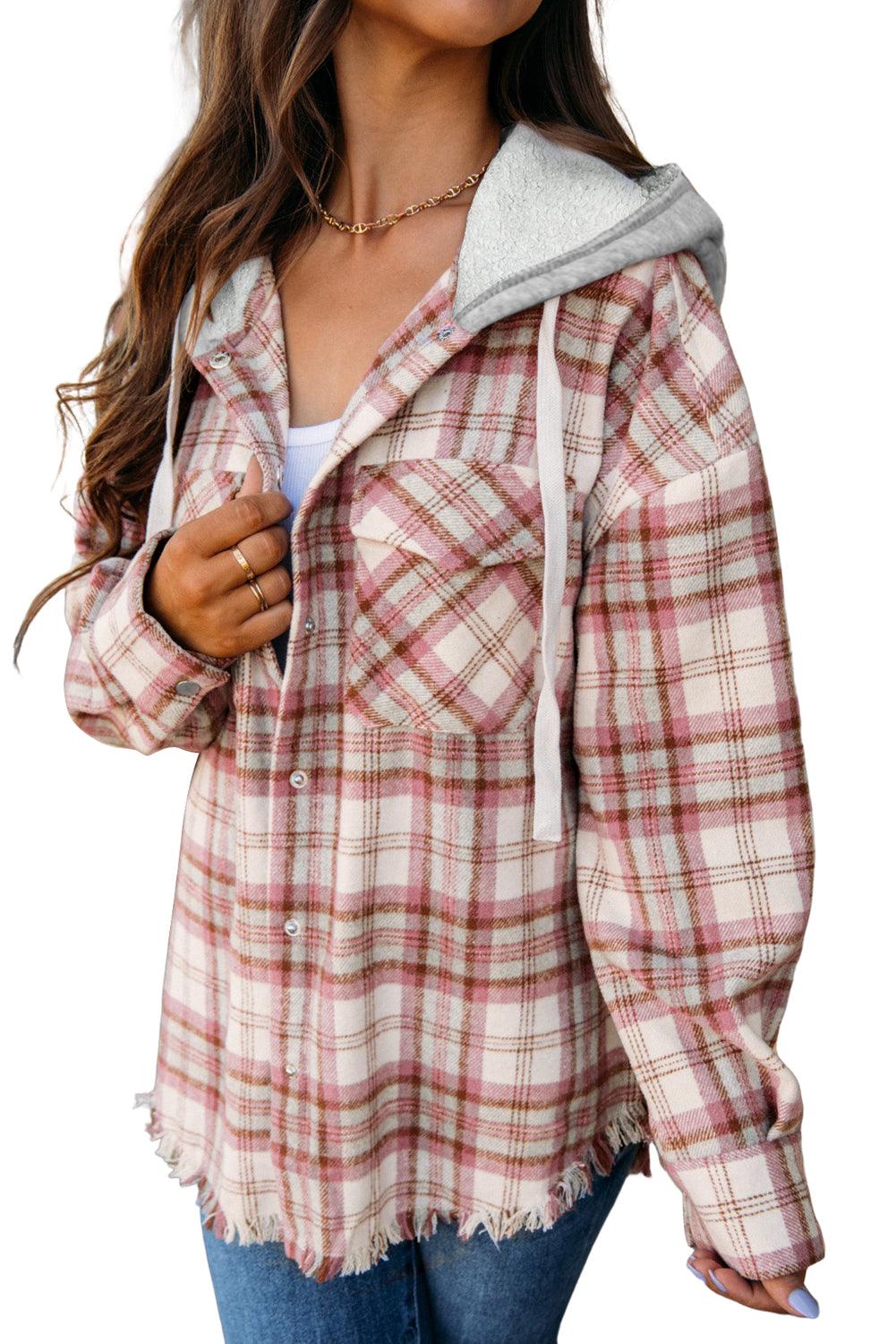 Multicolour Plaid Flap Pocket Hooded Raw Hem Jacket - L & M Kee, LLC