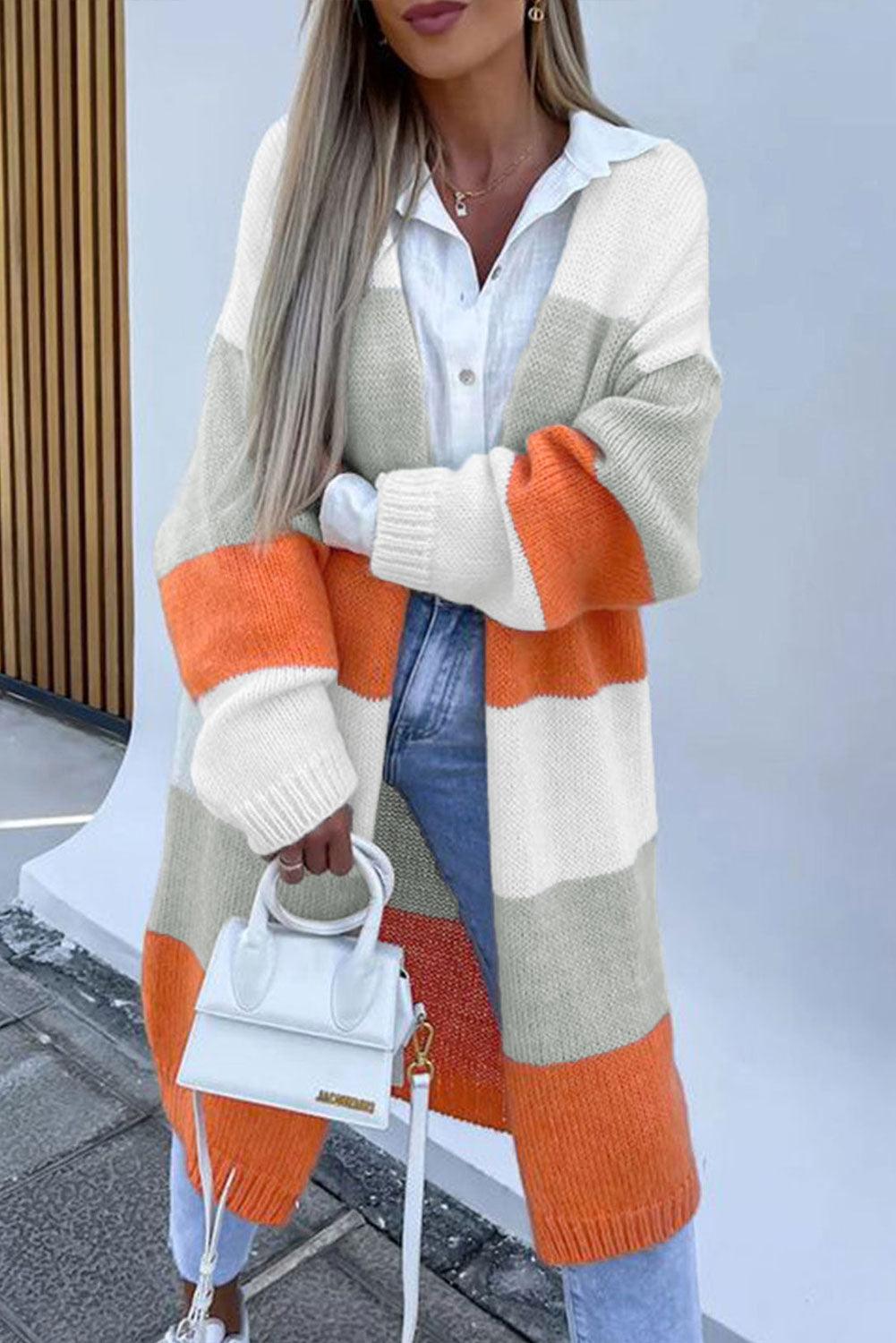 Orange Striped Color Block Drop Shoulder Midi Cardigan - L & M Kee, LLC