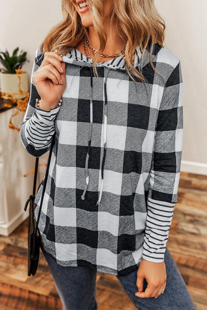 Multicolour Plaid Striped Patchwork Drawstring Hoodie - L & M Kee, LLC