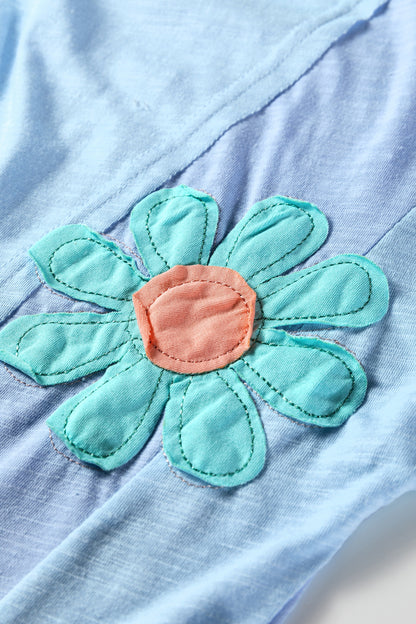 Light Blue Flower Patched Exposed Seam Bracelet Sleeve Oversized T Shirt