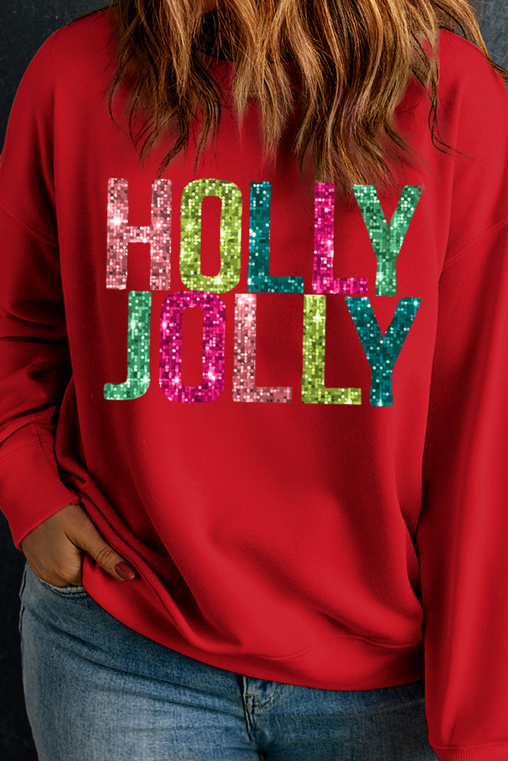 Racing Red Christmas HOLLY JOLLY Heat Transfer Graphic Plus Size Sweatshirt