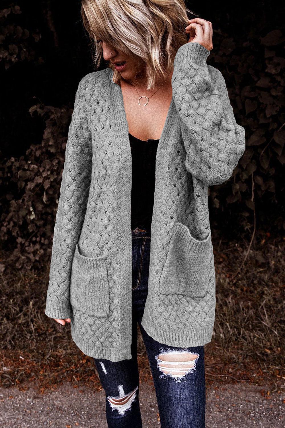 Gray Open Front Woven Texture Knitted Cardigan with Pockets - L & M Kee, LLC