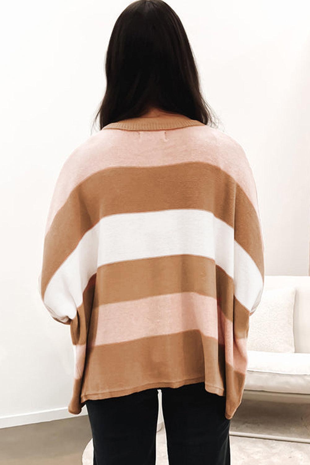 Multicolour Striped Knit Drop Shoulder Loose Sweater - L & M Kee, LLC