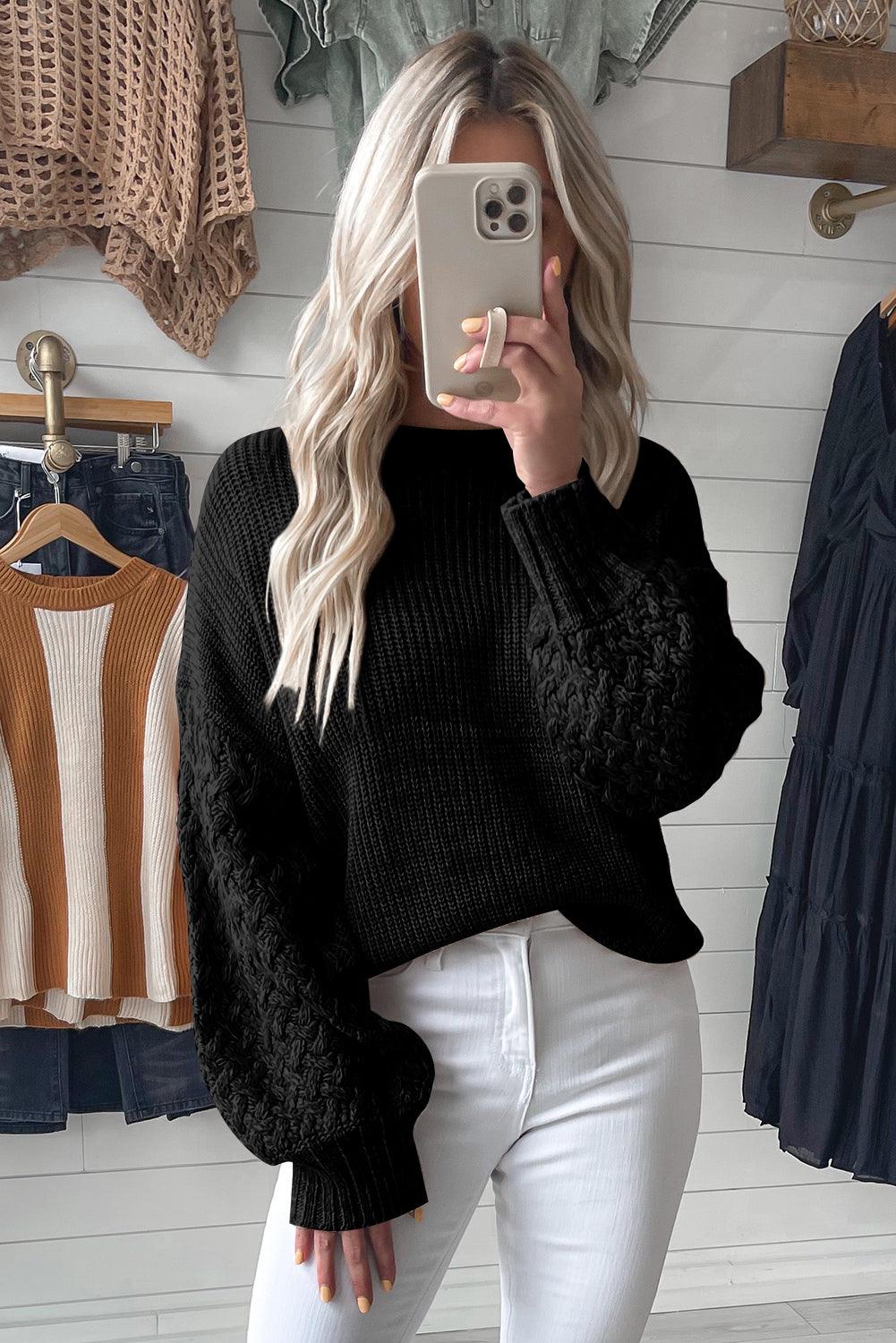 Black Cable Knit Sleeve Drop Shoulder Sweater - L & M Kee, LLC