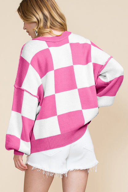 Fiery Red Checkered Bishop Sleeve Sweater