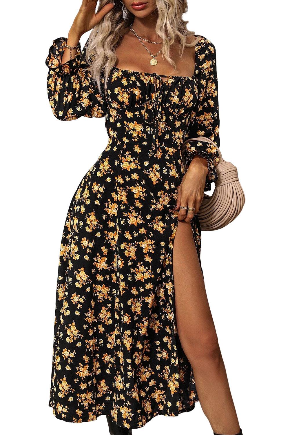 Black Floral Tie Square Neck Puff Sleeve Slit Dress - L & M Kee, LLC