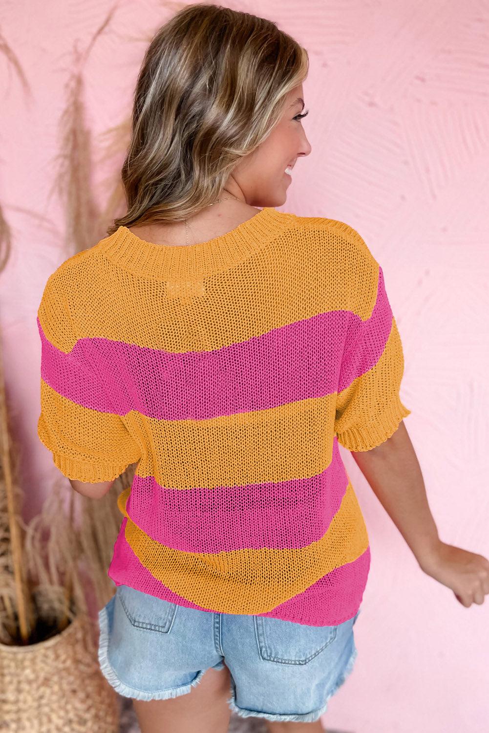 Orange Stripe Color Block Knitted T-shirt Sweater - L & M Kee, LLC