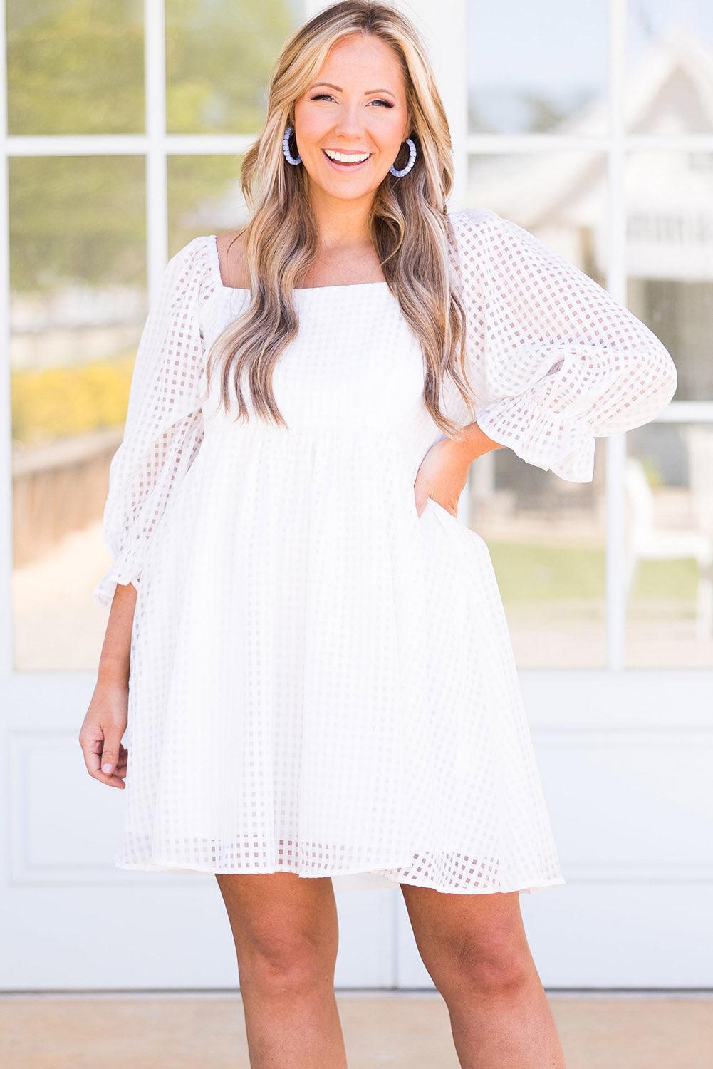 Gingham Square Neck Puff Sleeve Plus Size Dress - L & M Kee, LLC