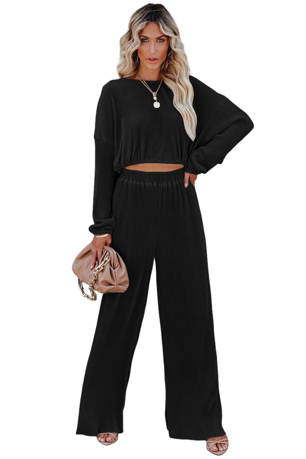Black Corded Cropped Pullover and Wide Leg Pants Set - L & M Kee, LLC