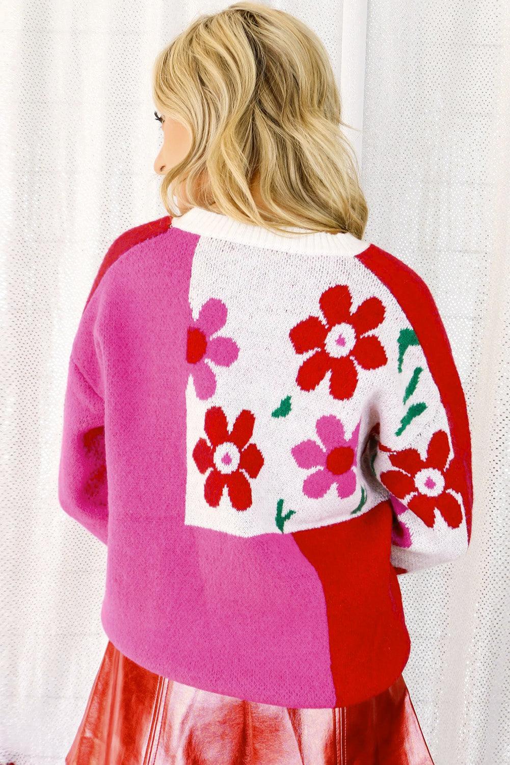 Rose Red Floral Mixed Color Block Sweater - L & M Kee, LLC