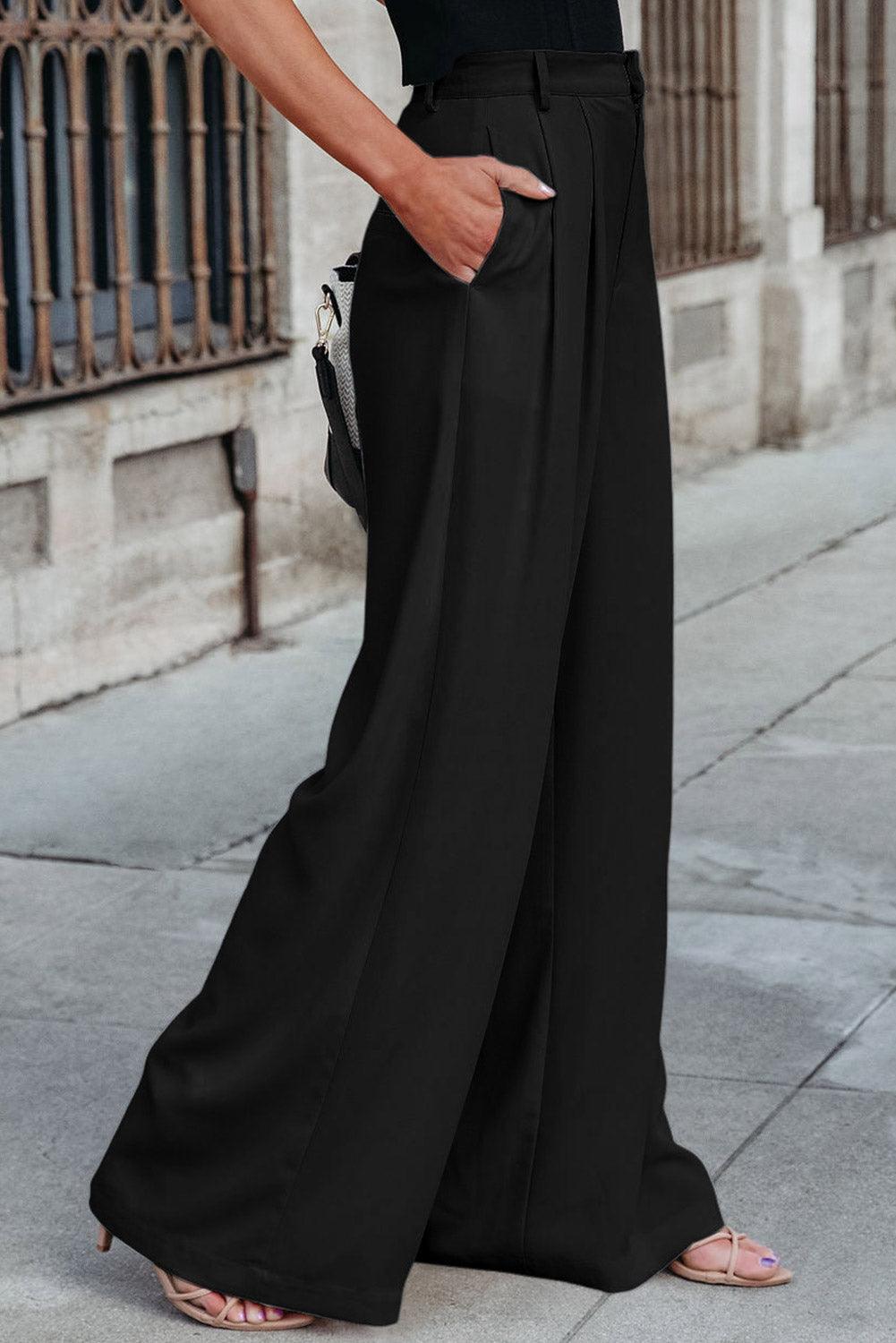 Black Pleated Elegant Wide Leg Pants - L & M Kee, LLC