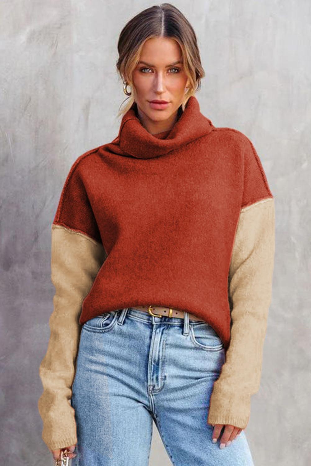 Khaki Color Block Turtle Neck Drop Shoulder Knit Sweater - L & M Kee, LLC