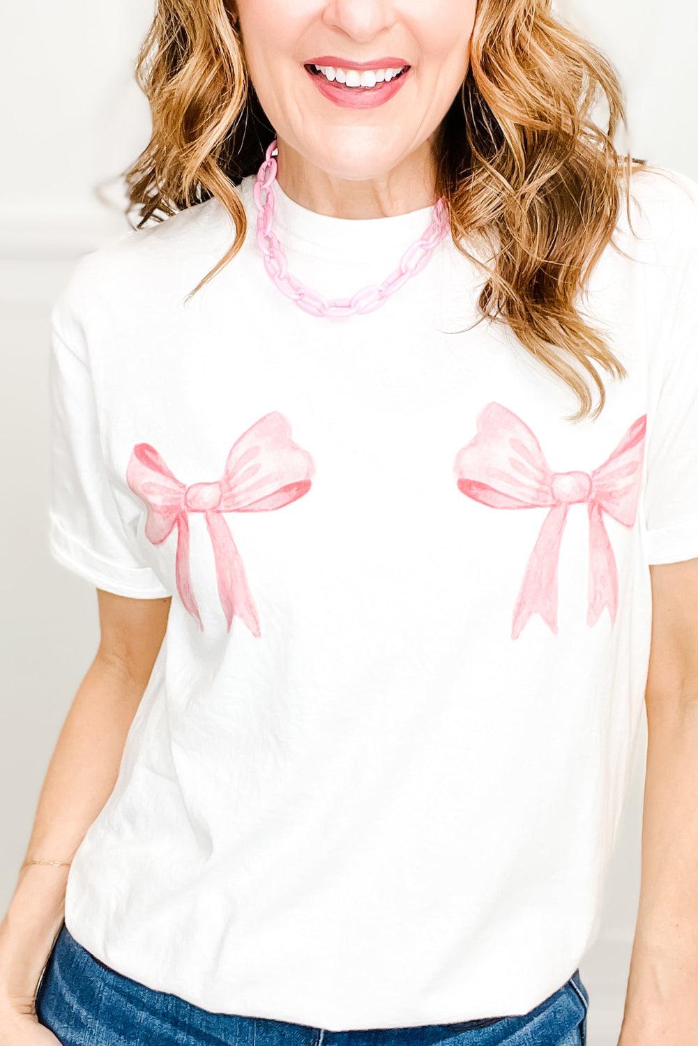 White Sweet Bow Knot Print O Neck Casual T Shirt - L & M Kee, LLC