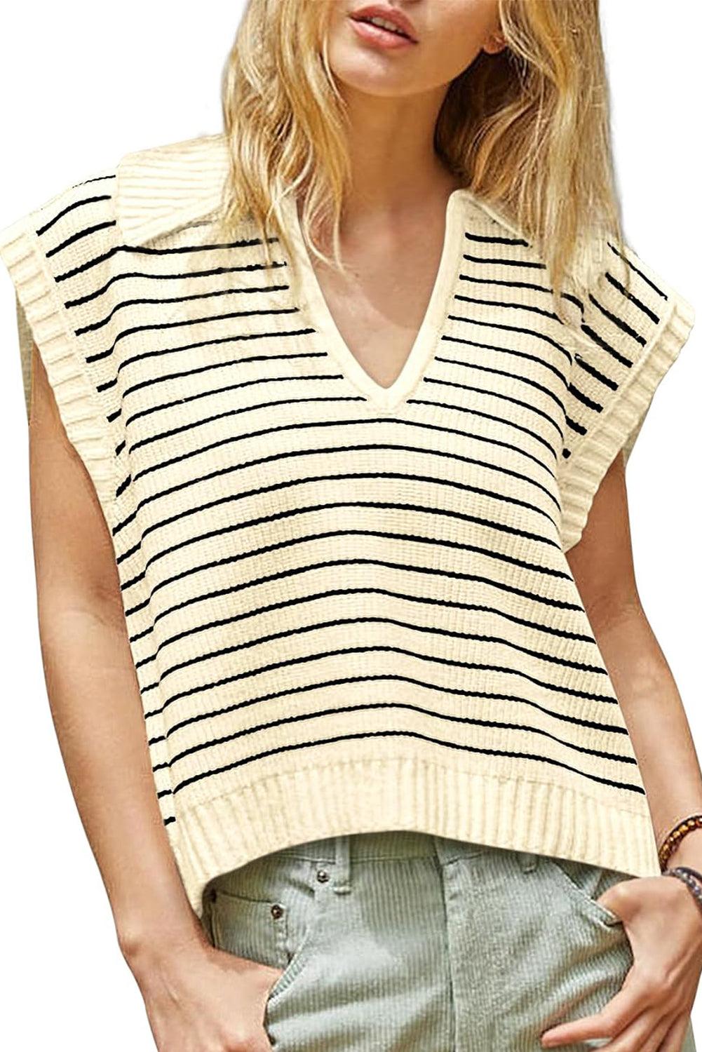 Beige Stripe Turn-down V Neck Sweater Tank Top - L & M Kee, LLC