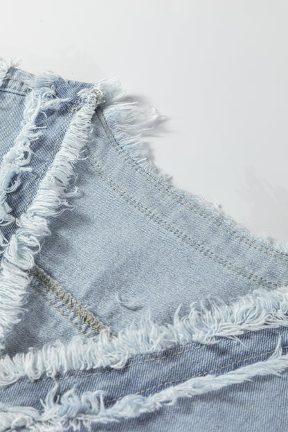 Beau Blue Frayed Edge Flap Pockets Denim Vest Jacket