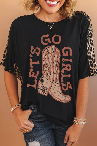 Black Western Boots Slogan Print Leopard Patchwork T Shirt - L & M Kee, LLC