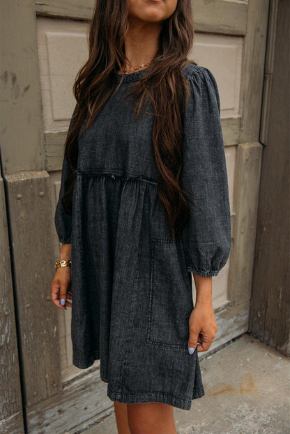 Black Balloon Sleeve High Waist Denim Dress - L & M Kee, LLC