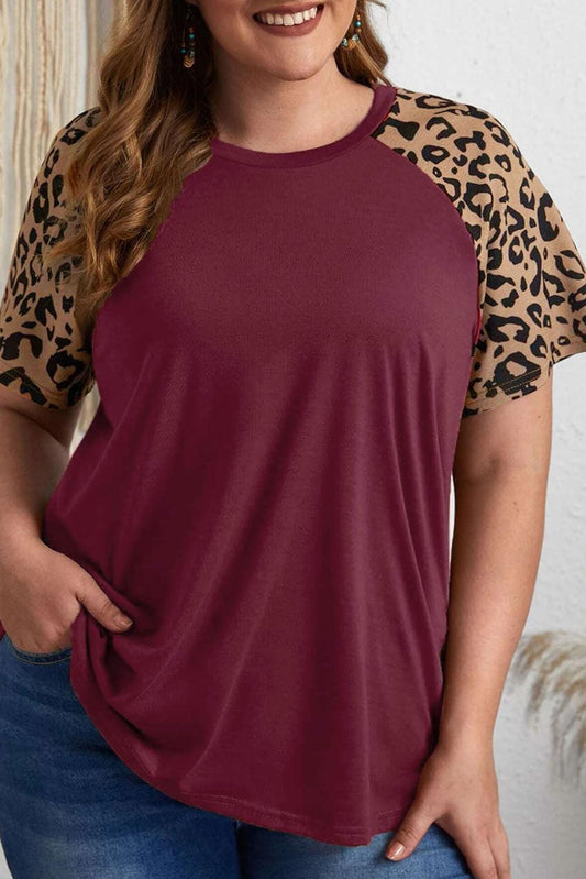 Burgundy Contrast Leopard Raglan Sleeve Plus Size T-shirt - L & M Kee, LLC