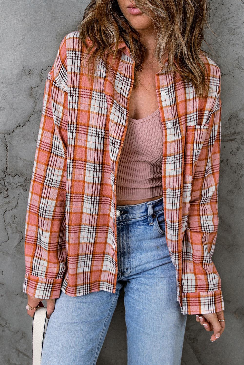 Pink Classic Plaid Print Side Slit Shirt - L & M Kee, LLC