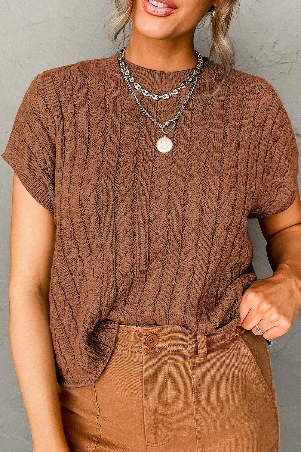 Chestnut Crew Neck Cable Knit Short Sleeve Sweater - L & M Kee, LLC