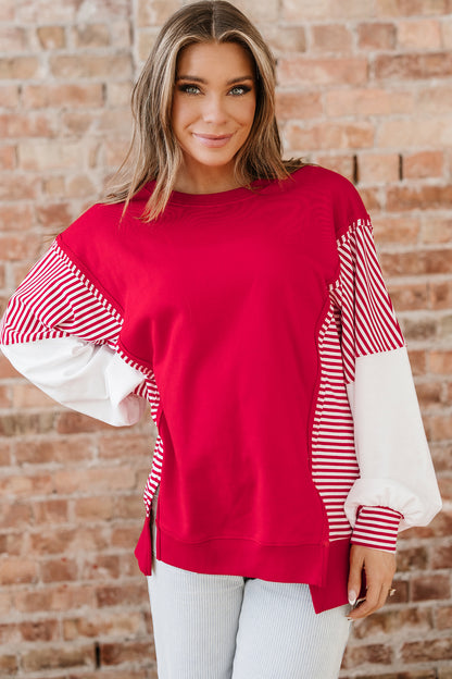 Fiery Red Striped Patchwork Sleeve Colorblock Sweatshirt