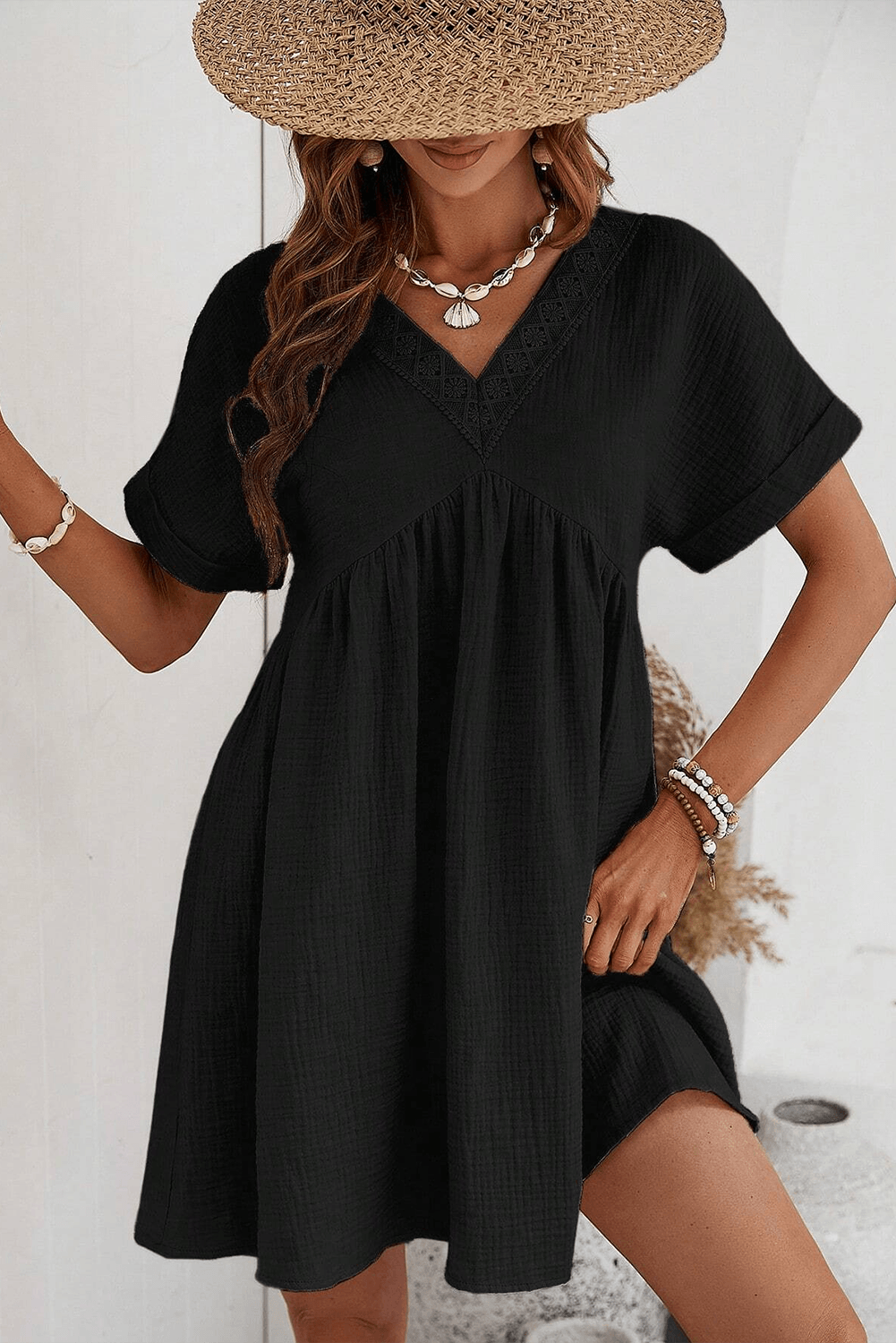 Black Folded Short Sleeve Lace V Neck Mini Dress - L & M Kee, LLC