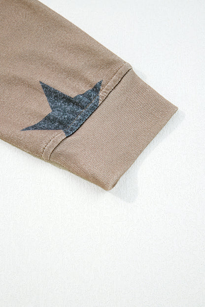 Khaki Retro Star Print Loose Long Sleeve Drawstring Wide Leg 2pcs Lounge Set