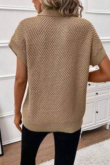 Pale Khaki Turtleneck Textured Short Sleeve Sweater - L & M Kee, LLC