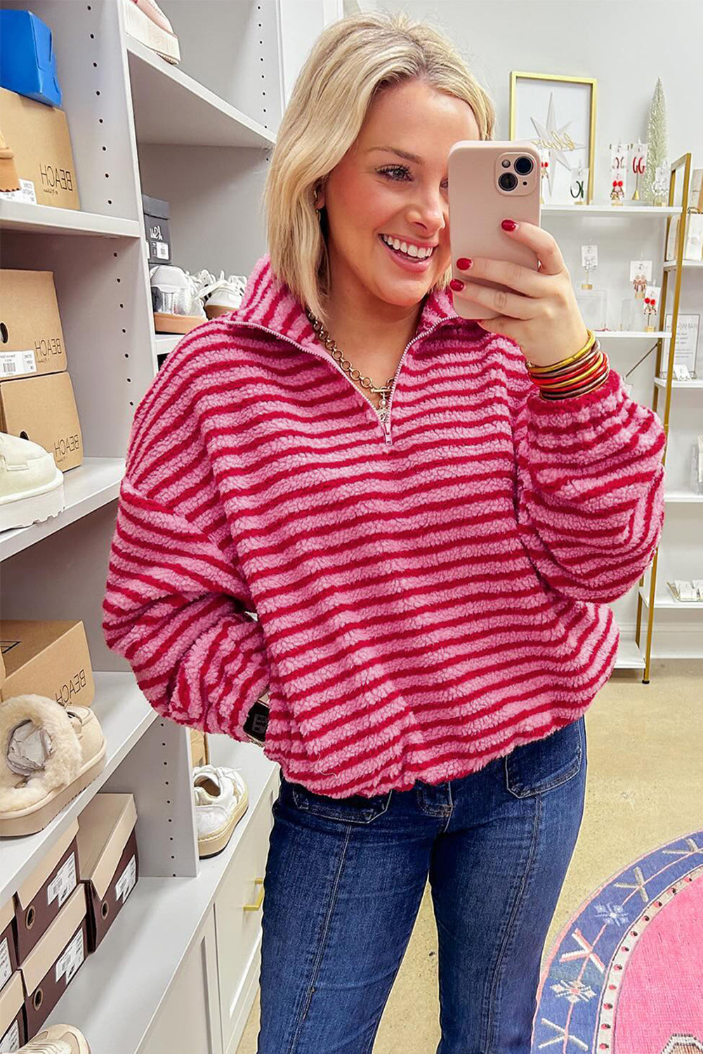 Pink Stripe Quarter Zip Fleece Oversize Sweatshirt