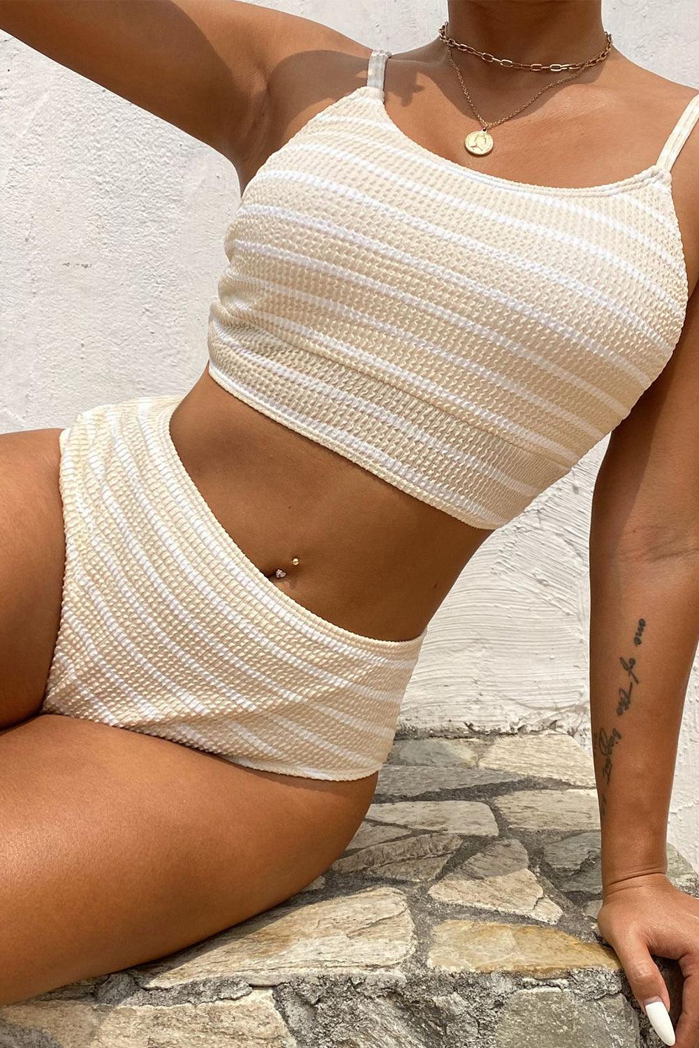 White Stripe Textured Adjustable Straps Bikini Swimsuit - L & M Kee, LLC