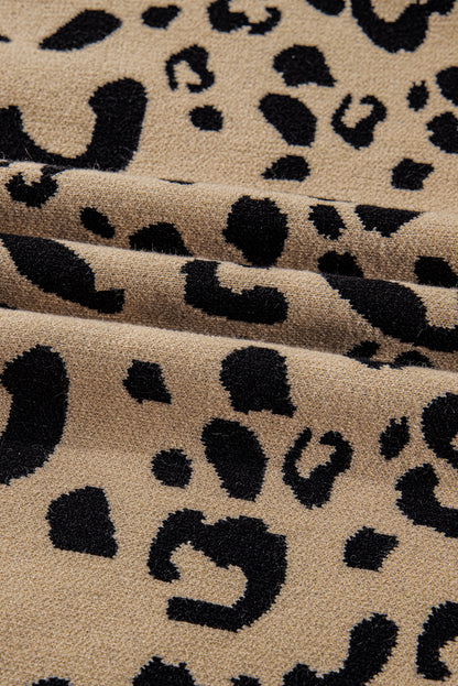 Brown Leopard Knitted Lacy Trim Cuffed Plus Size Sweater