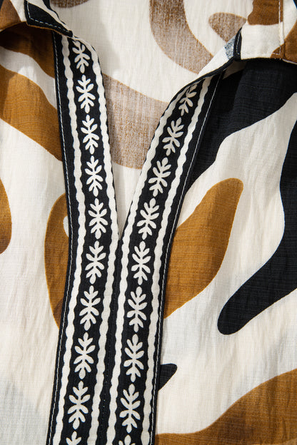 Brown Tropical Printed Contrast Trim Neck Long Sleeve Ruffle Hem Dress