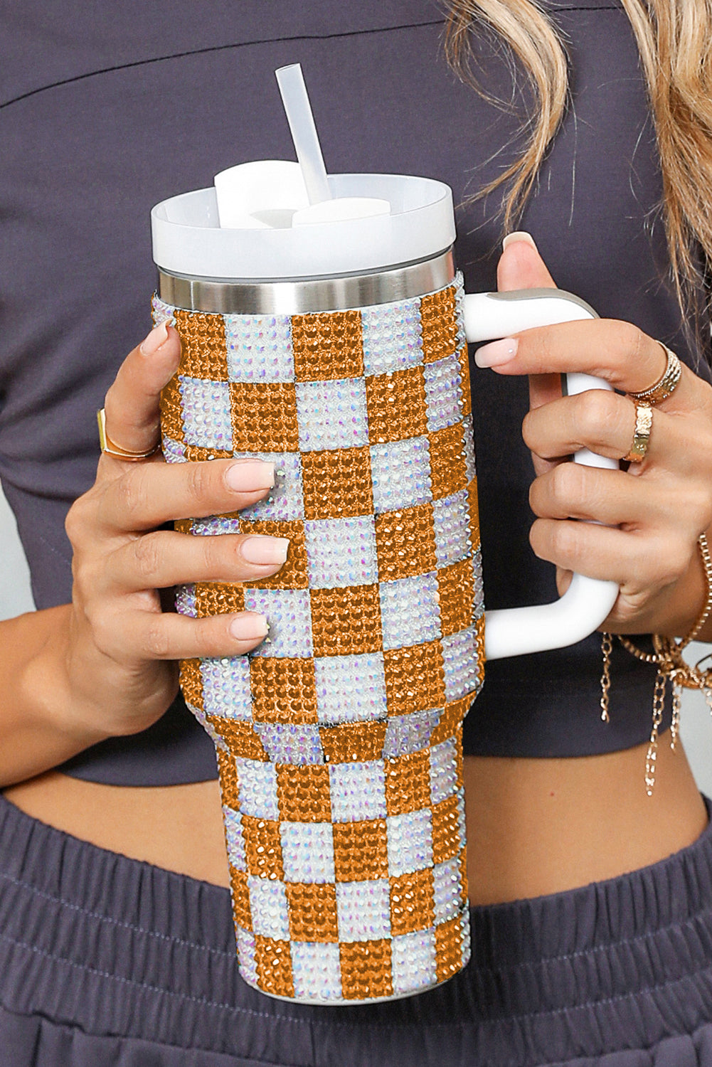 Blackish Green Full Rhinestone Checkerboard Handled Tumbler 40oz