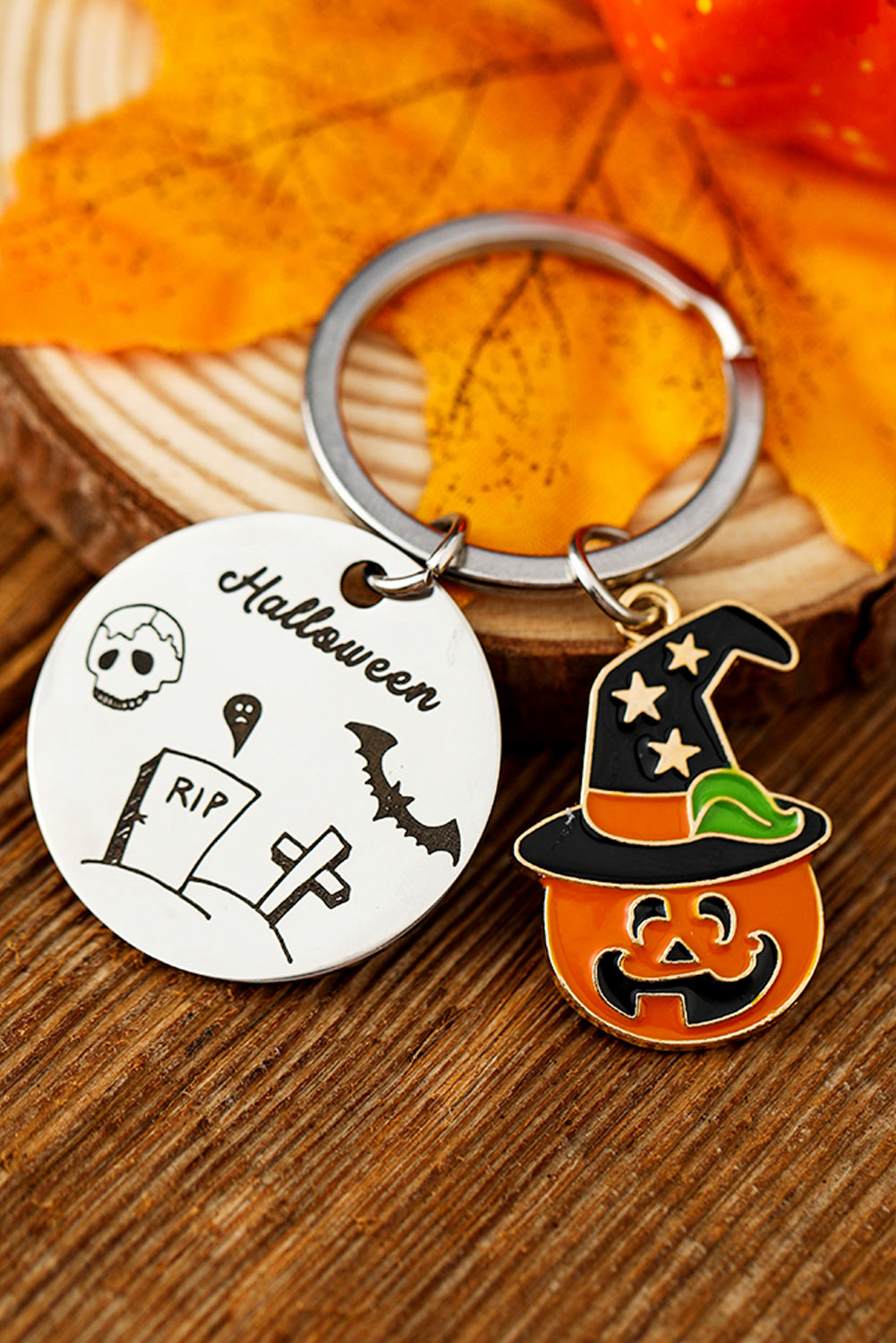 Orange Halloween Witch Skull Stainless Steel Keychain