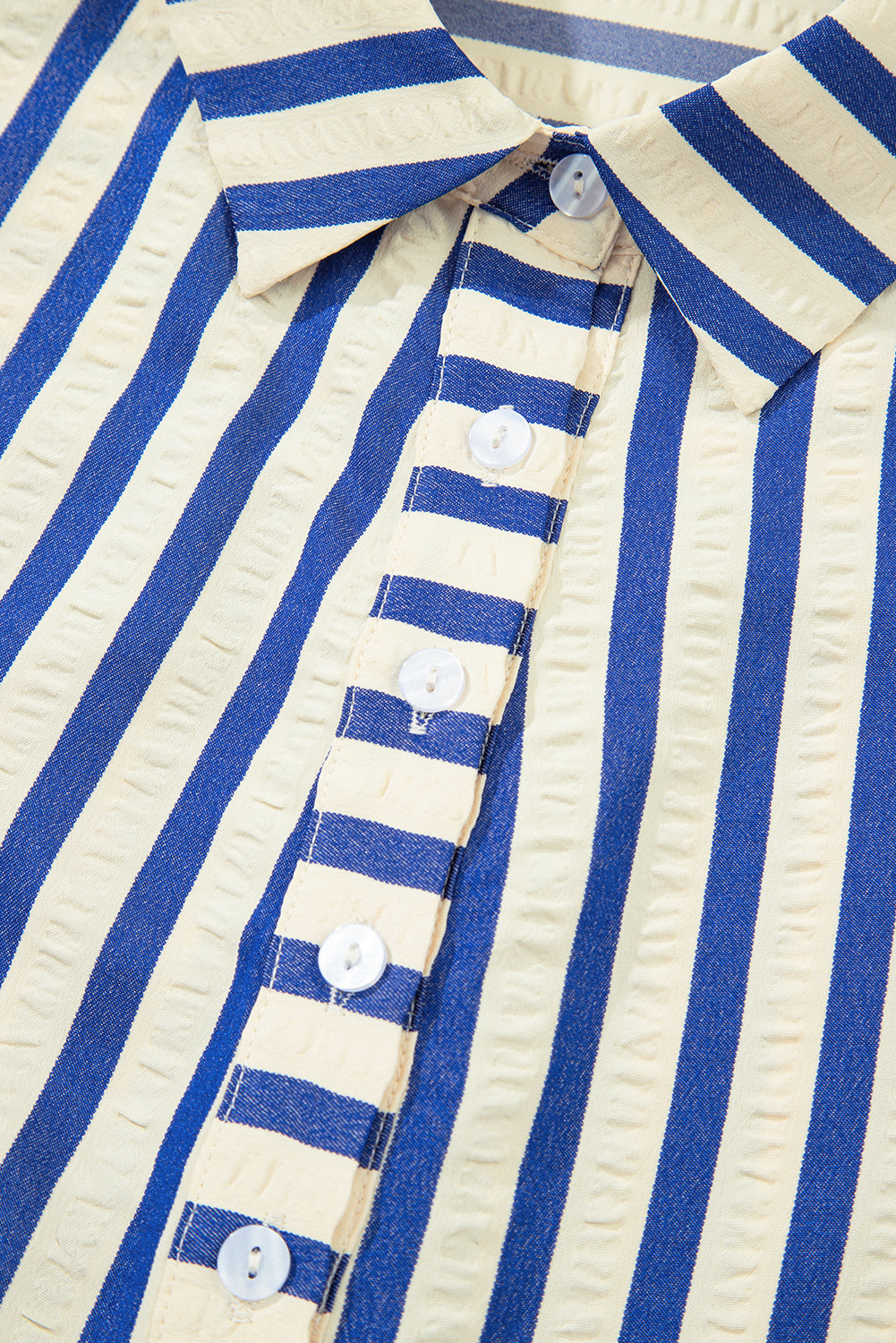 Blue Stripe Collared Half Button Side Pockets Loose Fit Mini Dress