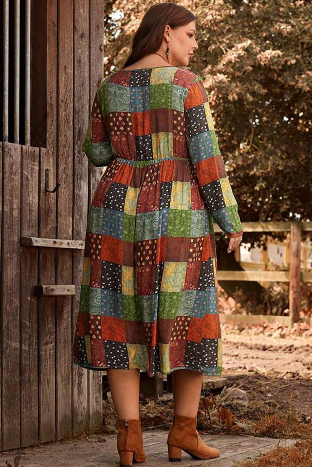 Green Printed Multicolor Western Checkered Plus Size Swing Dress - L & M Kee, LLC