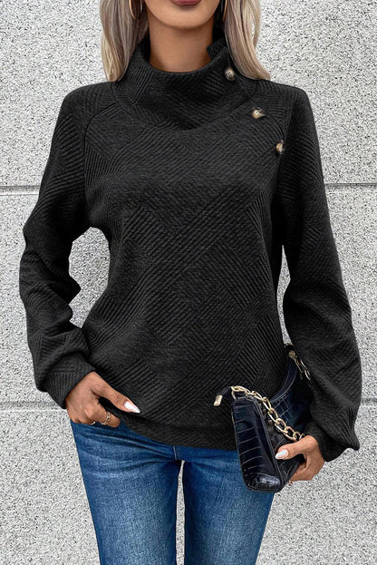 Gray Asymmetric Buttons Detail High Neck Textured Sweatshirt - L & M Kee, LLC