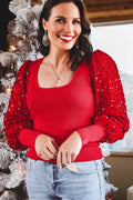 Fiery Red Sequin Sleeve Patchwork Ribbing Knit Square Neck Holiday Sweater