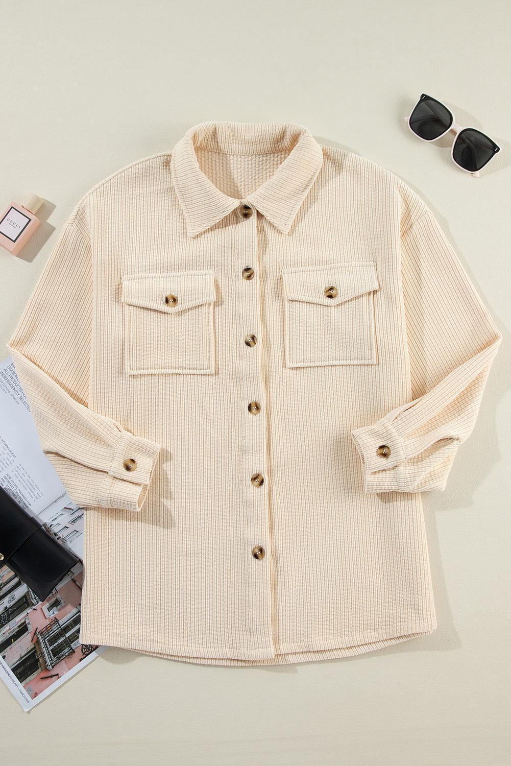 Oatmeal Corduroy Flap Pocket Button Up Shacket - L & M Kee, LLC