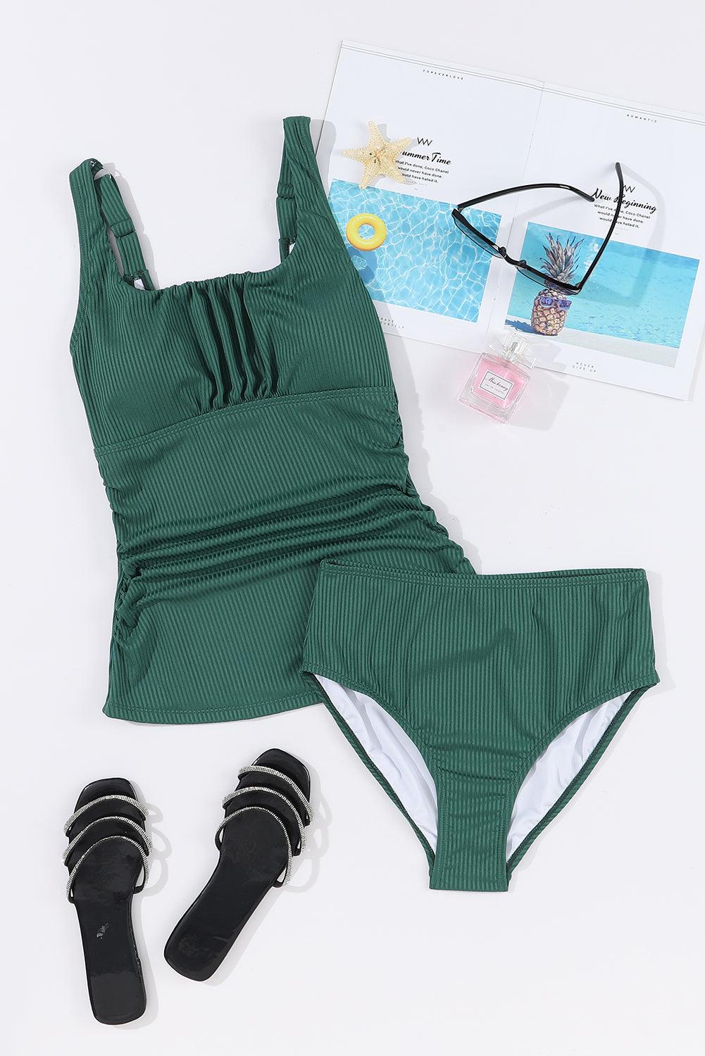 Blackish Green Ruched U Neck Ribbed Tankini - L & M Kee, LLC