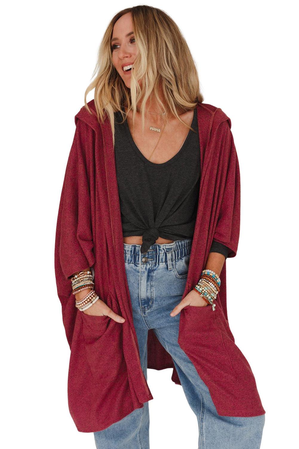 Red Bracelet Sleeve Pocketed Open Front Hooded Cardigan - L & M Kee, LLC