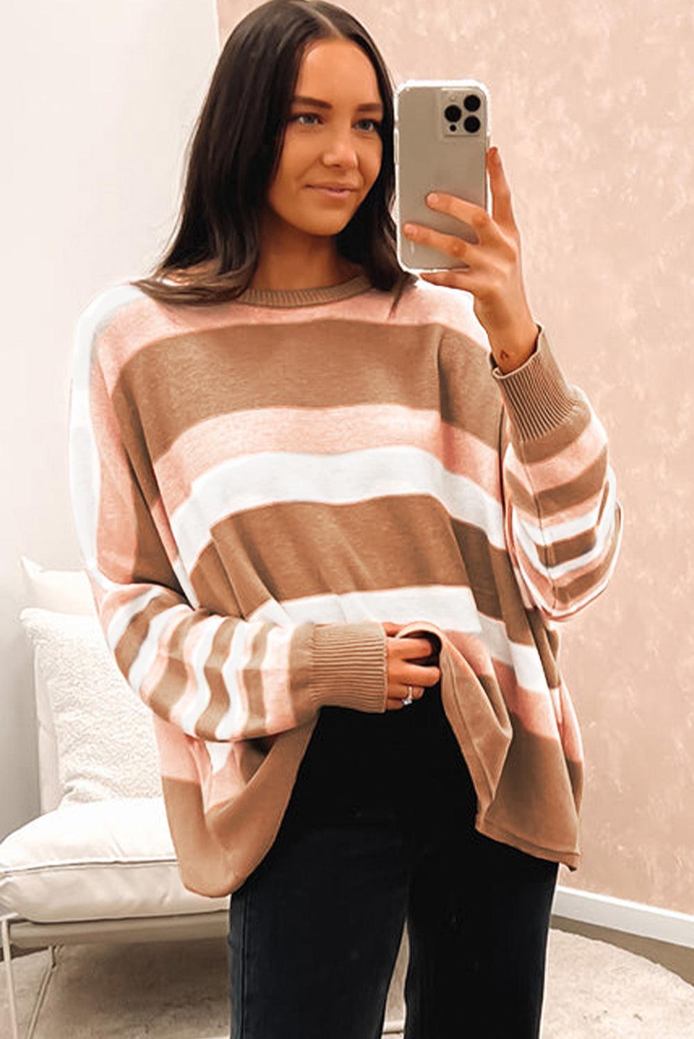 Multicolour Striped Knit Drop Shoulder Loose Sweater - L & M Kee, LLC